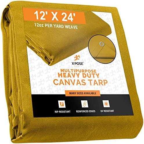 Xpose Safety Canvas Tarp – Tan 12′ x 24′ Duck Canvas Heavy Duty 12 oz Waterproof with Brass Grommets, Multipurpose Outdoor Waxed Tarpaulin for Camping, Canopy Tent Trailer, Machinery, Equipment Cover