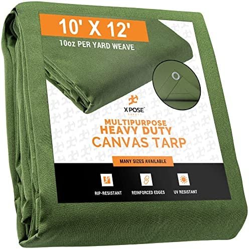 Xpose Safety Canvas Tarp -10′ x 12′ Army Green Duck Canvas Tarps Heavy Duty with Brass Grommets – Multipurpose Outdoor Waxed Tarpaulin for Camping, Canopy Tent, Trailer, Machinery, Equipment Cover