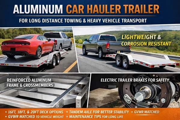 Aluminum car transport trailer for long distance towing and transport of heavy vehicles