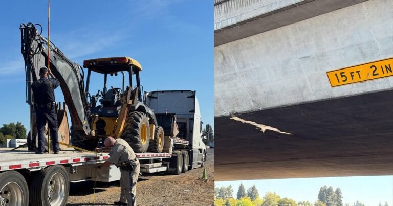 Sacramento overpass damaged by backhoe being transported on Highway 50